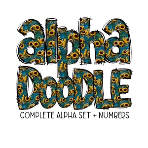 Blue Sunflower Alpha Doodles | Doodle Letters | Lowercase, Numbers, Capital Letters | PNG for sublimation | Sunflowers