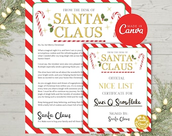 Op de afbeelding: Een afdrukbaar kerstcertificaat met een rode en witte gestreepte rand. Het certificaat luidt "Officiële Braaf-Lijst Certificaat voor Suzi Q Snowflake" en is ondertekend door Sinterklaas. Het certificaat is versierd met snoepstokken en hulst.