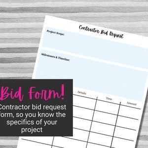 Pu&ograve; includere: Un modulo di richiesta di offerta di un appaltatore stampabile in bianco e nero con il testo "Contractor Bid Request" in alto. Il modulo include sezioni per l'ambito del progetto, le pietre miliari e la tempistica, i dettagli, il tempo e l'importo.