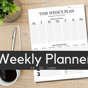 Planificador semanal imprimible, resumen semanal minimalista, resumen semanal, objetivos principales, plan de cena, tamaño A4/A5/carta: ¡DESCARGA INSTANTÁNEA!