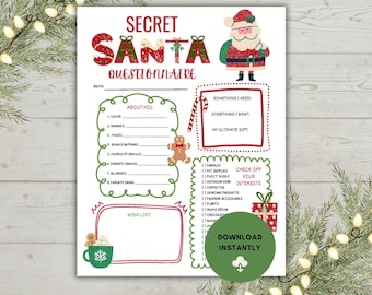 Könnte beinhalten: Ein druckbarer Secret Santa Fragebogen mit einem roten und grünen Weihnachtsthema. Der Fragebogen fragt nach Informationen über die Person, einschließlich ihrer Lieblingsfarbe, Hobbys, Musik, Bücher und mehr. Er enthält auch einen Wunschlistenbereich und einen Bereich, in dem die Person ihre Interessen abhaken kann.