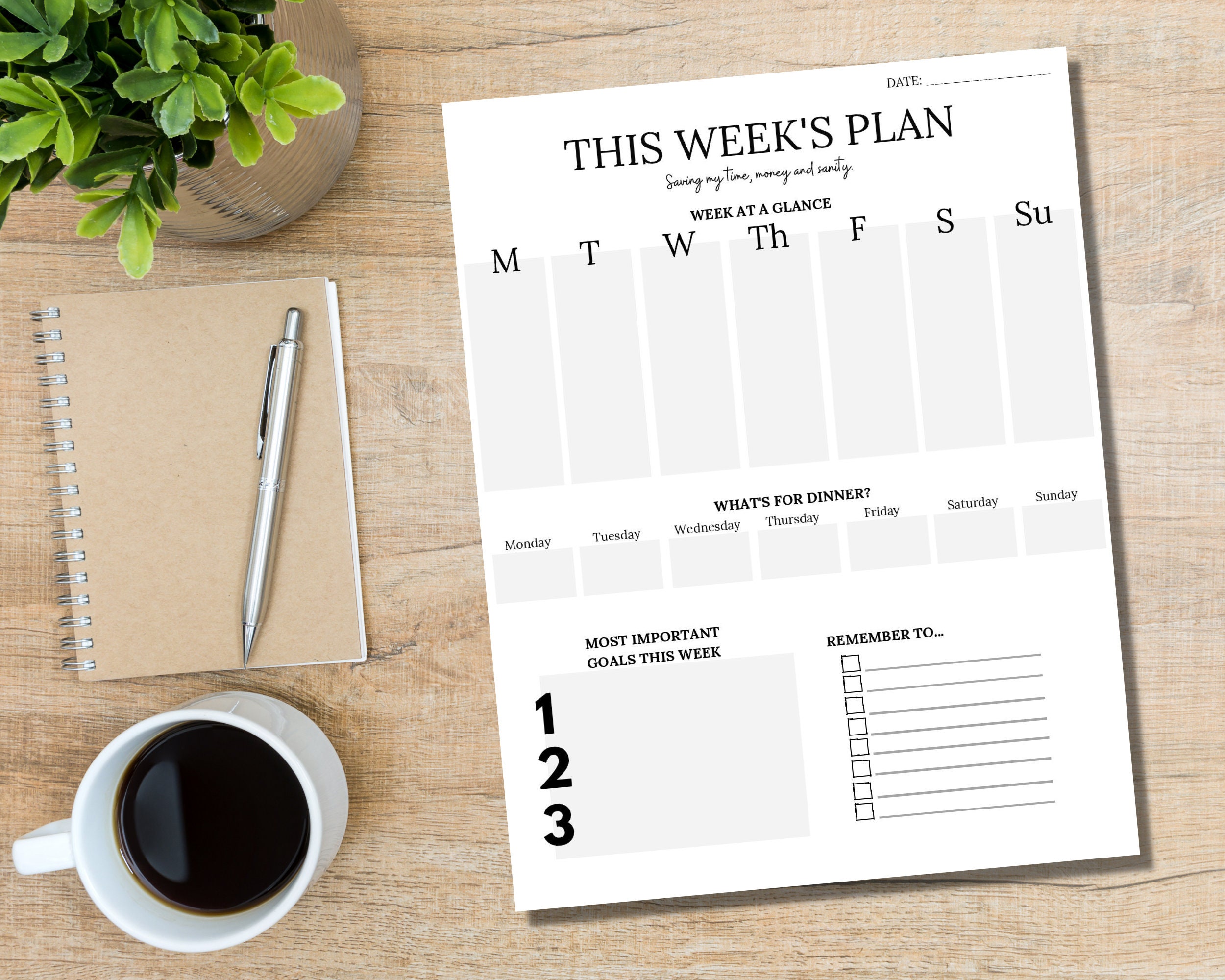 Minimalist Weekly Planner Printable, Week at a Glance (digital Download ...