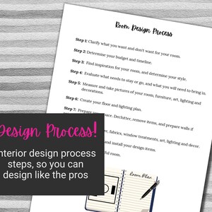 Pu&ograve; includere: Un foglio di lavoro stampabile in bianco e nero con il testo "Room Design Process" e un elenco di passaggi per progettare una stanza. I passaggi includono chiarire cosa vuoi, determinare il tuo budget, trovare ispirazione, valutare cosa deve rimanere o andare, misurare e scattare foto, creare un piano di pianta e preparare lo spazio.