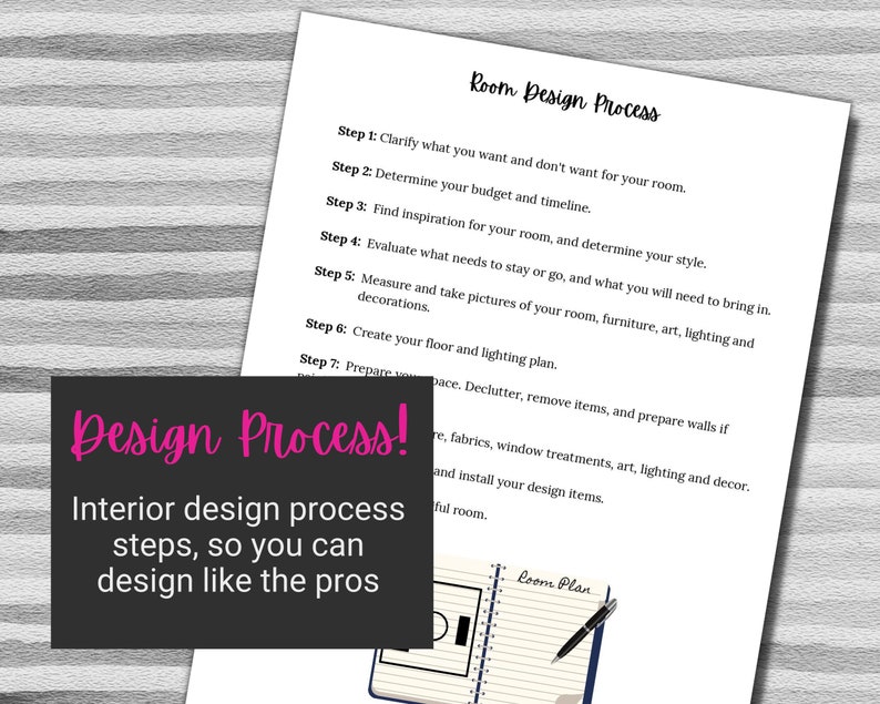 Pu&ograve; includere: Un foglio di lavoro stampabile in bianco e nero con il testo "Room Design Process" e un elenco di passaggi per progettare una stanza. I passaggi includono chiarire cosa vuoi, determinare il tuo budget, trovare ispirazione, valutare cosa deve rimanere o andare, misurare e scattare foto, creare un piano di pianta e preparare lo spazio.