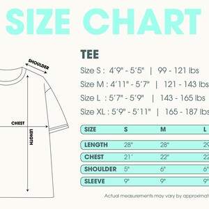 May include: A tee shirt size chart, displaying measurements in inches and pounds. Sizes S, M, L, and XL are detailed, showing length, chest, shoulder, and sleeve dimensions. The text "SIZE CHART" is at the top.