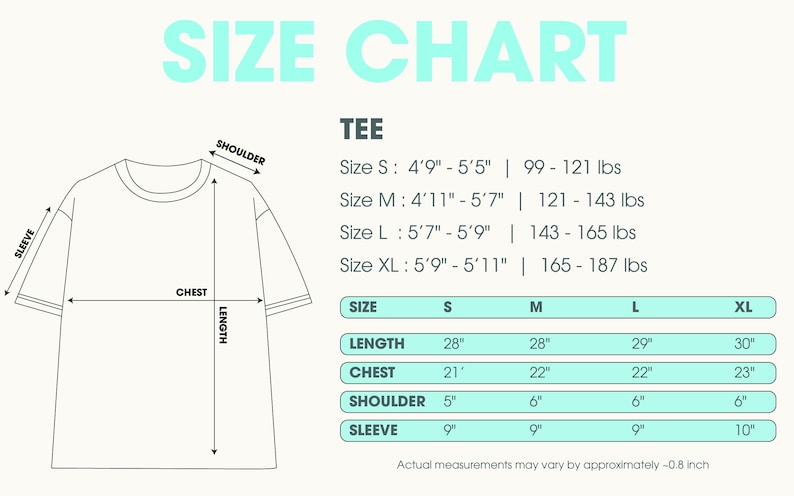 May include: A tee shirt size chart, displaying measurements in inches and pounds. Sizes S, M, L, and XL are detailed, showing length, chest, shoulder, and sleeve dimensions. The text "SIZE CHART" is at the top.