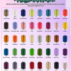 May include: A thread colour chart showcasing a variety of shades for custom embroidery. The chart features colours like Prussian Blue, Deep Rose, and Electric Blue, each with a number and name. The text at the top reads "THREADS COLOUR CHART".