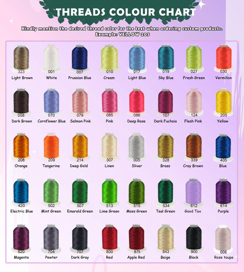 May include: A thread colour chart showcasing a variety of shades for custom embroidery. The chart features colours like Prussian Blue, Deep Rose, and Electric Blue, each with a number and name. The text at the top reads "THREADS COLOUR CHART".