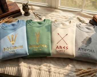 Sudadera de Campamento Mestizo, cuello redondo bordado de Percy Jackson, camiseta de cabaña de la mitología griega, regalo para fans de los semidioses