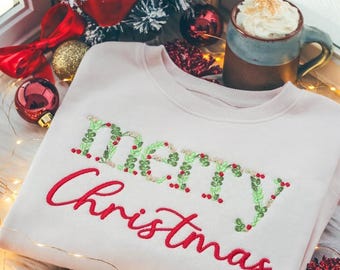 Sudadera bordada con texto "Feliz Navidad", camiseta "Feliz Navidad", sudadera navideña, cuello redondo navideño bordado, suéter navideño floral