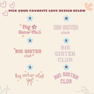 K&ouml;nnte beinhalten: Sechs verschiedene Designs f&uuml;r ein "Big Sister Club"-Logo. Die Designs zeigen verschiedene Schriftarten, Farben und Verzierungen, darunter Blumen, Sterne und eine Schleife.
