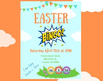 Printable Easter Bingo Night Party Event Flyer Invite Invitation Template Edit in CANVA PRO or Adobe PDF - Instant Digital Download