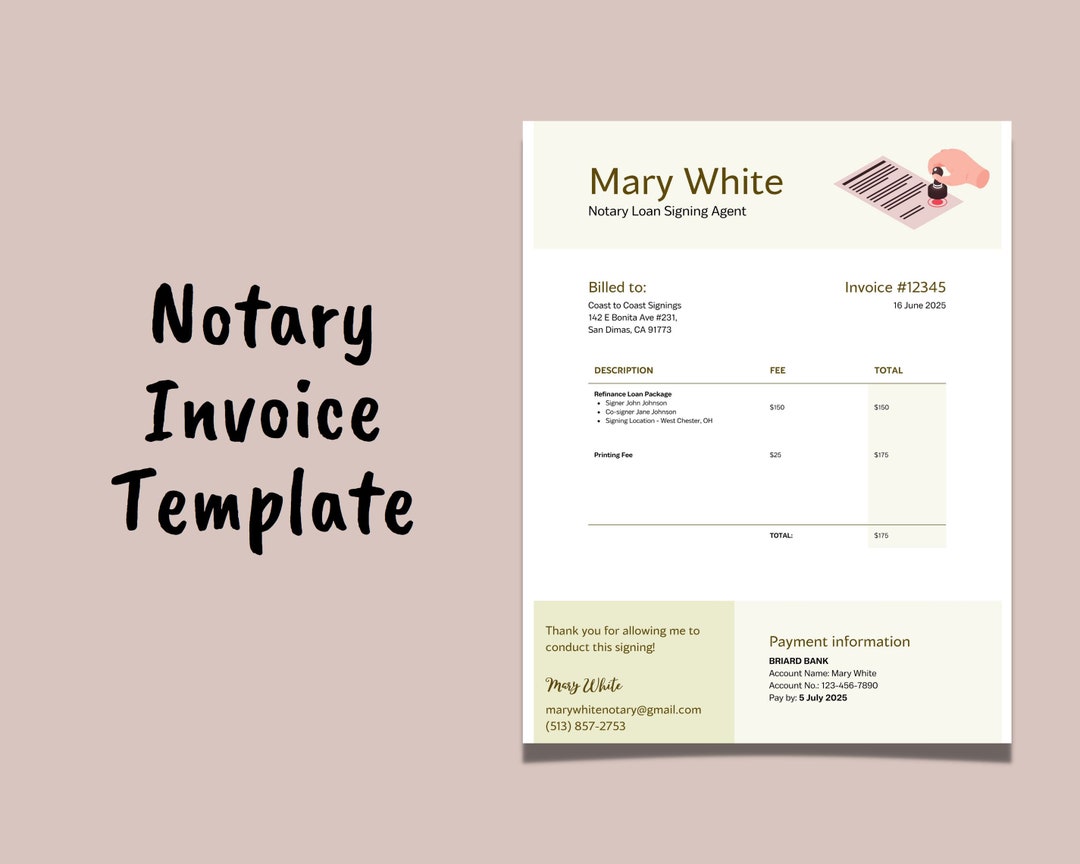 Notary Signing Agent Invoice Template Printable Notary Loan Signing Agent Invoice Template Edit in CANVA PRO
