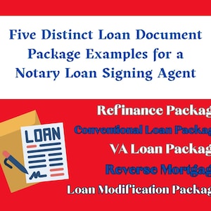 Puede incluir: Gráfico con texto que dice "Cinco ejemplos distintos de paquetes de documentos de préstamo para un agente de firma de préstamos notariales". También enumera "Paquete de refinanciamiento", "Paquete de préstamo convencional", "Paquete de préstamo VA", "Hipoteca inversa" y "Paquete de modificación de préstamo".