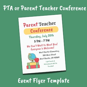Può includere: Un modello di volantino per una Conferenza Genitori-Insegnanti. Il testo "Parent Teacher Conference" è in rosso e giallo. La data e l'ora sono giovedì 20 luglio, dalle 17:00 alle 19:00. Il volantino include anche l'indirizzo della scuola e una grafica di un mappamondo, libri e una mela.