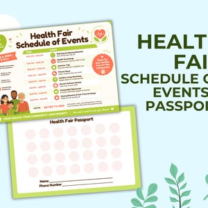 May include: A Health Fair Schedule of Events flyer and a Health Fair Passport card. The schedule lists times and activities with icons and a group illustration. The passport features a grid of twenty blank circles for stamps, with lines for a name and phone number.