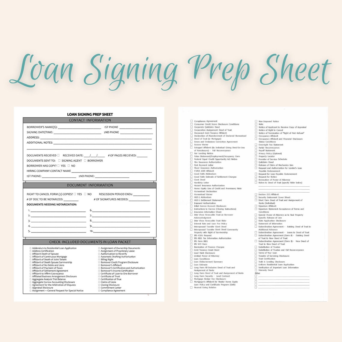 Notary Loan Signing Agent Signing Prep Sheet Intake Form Etsy