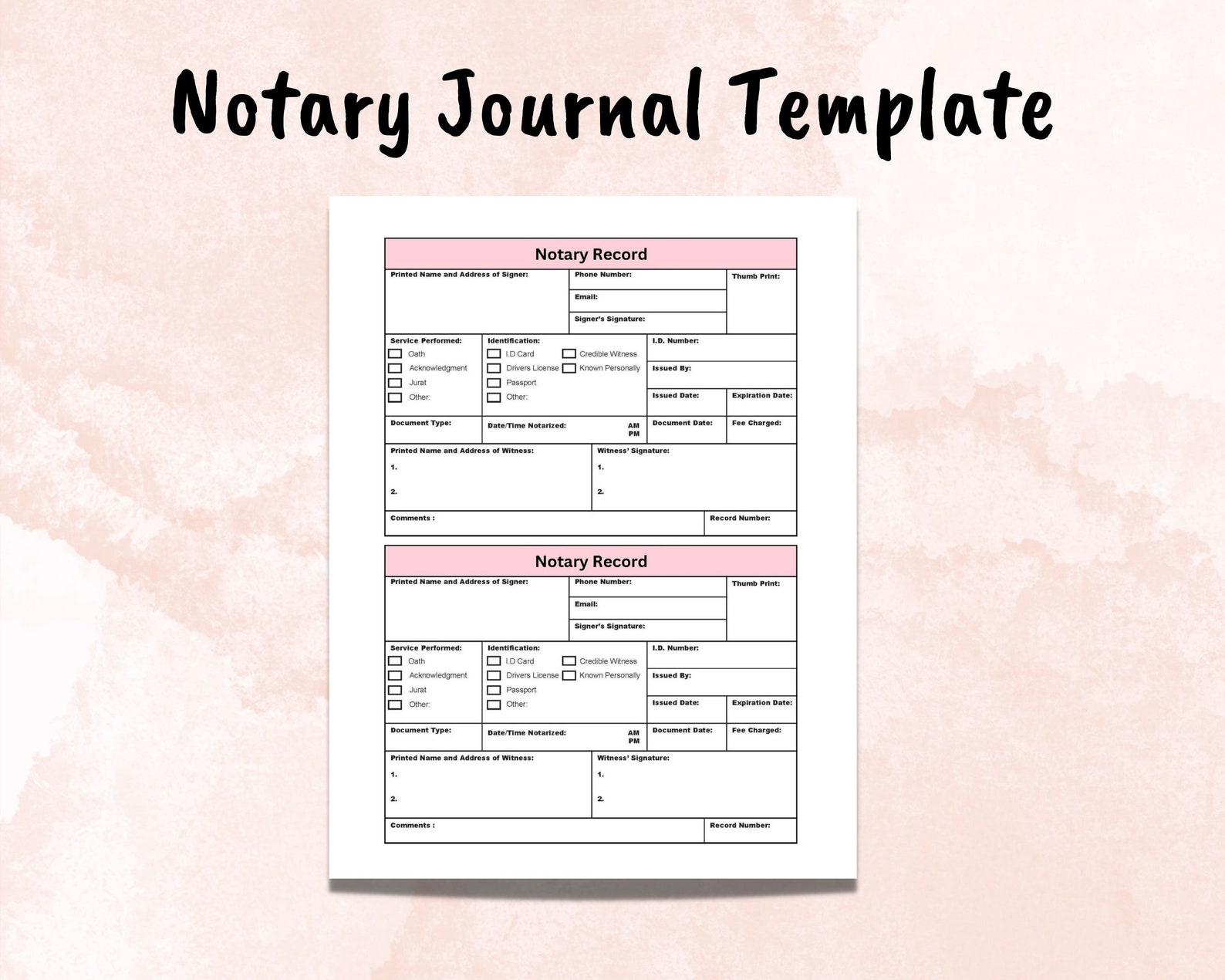 Printable Notary Log Journal Ledger For Notary Signing Agent Public