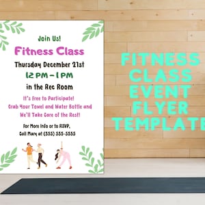 Peut inclure: Un modèle de flyer pour un événement de cours de fitness. Le flyer est vert, rose et blanc avec une image de personnes faisant de l'exercice. Le texte sur le flyer dit "Fitness Class Event Flyer Template" et comprend la date, l'heure et le lieu du cours. Il dit également "C'est gratuit de participer ! Prenez votre serviette et votre bouteille d'eau et nous nous occuperons du reste !"