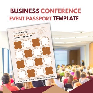 May include: A business conference event passport template with the text "BUSINESS CONFERENCE EVENT PASSPORT TEMPLATE". The passport has a beige background with brown and white stamp spaces. The text "Event Name, DECEMBER 18TH 2026, EVENT PASSPORT" is visible.