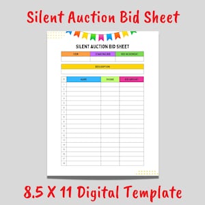 Printable Silent Auction Bid Sheet Event Template - Customize as a PDF or in CANVA PRO - Instant Digital Download