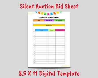 Printable Silent Auction Bid Sheet Event Template - Customize as a PDF or in CANVA PRO - Instant Digital Download