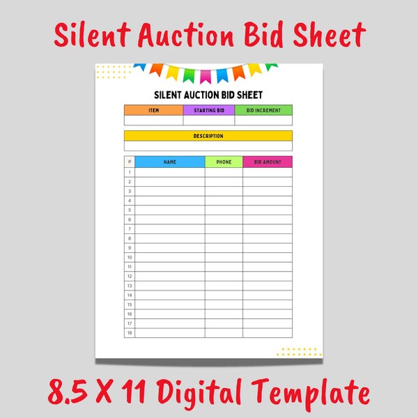 Printable Silent Auction Bid Sheet Event Template - Customize as a PDF or in CANVA PRO - Instant Digital Download