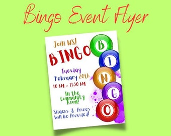 Bingo Party Event Flyer Template! Editable - Instant Download Great for Seniors 2 Different Flyers B i n g o! Edit in Canva or as Adobe PDF!