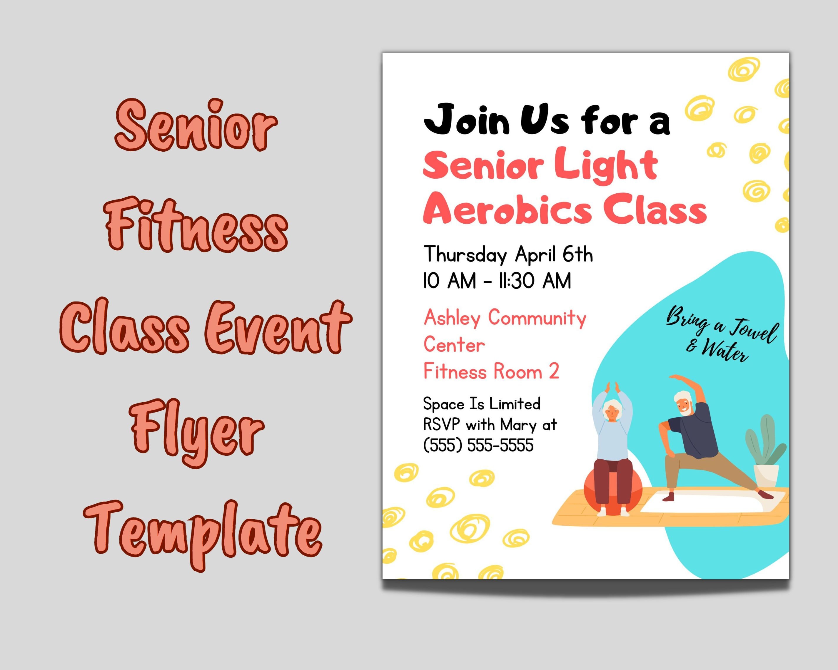 Printable Senior Fitness Aerobics Exercise Class Invitation Event Flyer  Template Edit in CANVA Pro or Adobe PDF Instant Digital Download 