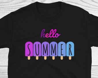 May include: Black t-shirt with the text "hello summer" in pink and purple lettering. The text is surrounded by six colorful popsicle graphics.