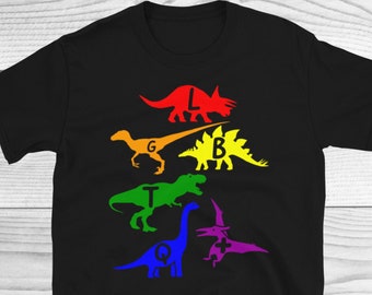May include: Black t-shirt with a rainbow design featuring dinosaurs with letters spelling out "LGBTQ".