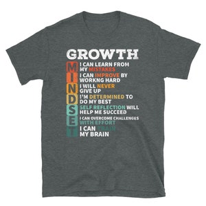 May include: A dark gray t-shirt with a vintage-style graphic that reads "GROWTH" and lists the word "MINDSE" vertically with a description of each letter. The description reads: "I can learn from my mistakes. I can improve by working hard. I will never give up. I'm determined to do my best. Self reflection will help me succeed. I can overcome challenges with effort. I can train my brain."