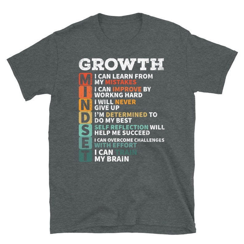 May include: A dark gray t-shirt with a vintage-style graphic that reads "GROWTH" and lists the word "MINDSE" vertically with a description of each letter. The description reads: "I can learn from my mistakes. I can improve by working hard. I will never give up. I'm determined to do my best. Self reflection will help me succeed. I can overcome challenges with effort. I can train my brain."