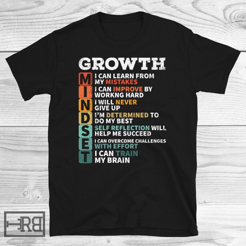 May include: Black t-shirt with a white graphic that says "GROWTH MINDSET" with a list of positive affirmations about personal growth.