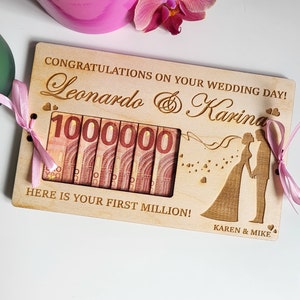 Cadeaubon huwelijksgeld, je eerste miljoen, gepersonaliseerde kaart, doe-het-zelf, geld huwelijkscadeaus, geldcadeau voor stel. Bruiloftsbedankje, natuurlijk hout