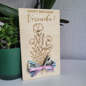 Geldkaart gelukkige verjaardag, houten geldcadeaukaart, unieke verjaardagskaart, bloemontwerp, ideeën voor verjaardagscadeaus, lasergravure, natuurlijk hout