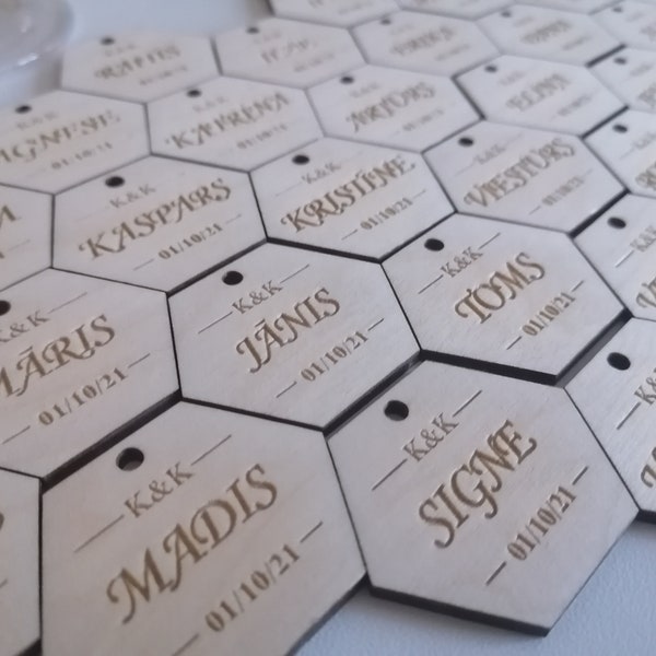 Personalized wine charms, Wedding wine charms, Hexagon wine charm, Couple initials and date, Guest names, Wooden Wine charms, Wedding favor