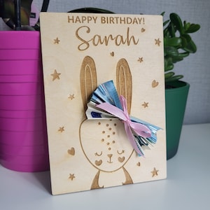 Gelukkige verjaardag geldkaart, houten geldcadeaukaart, babyshowercadeau, pasgeboren ontwerp, ideeën voor verjaardagscadeaus, lasergravure, natuurlijk hout