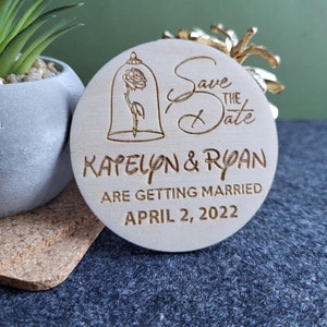 Save the date magnet, Beauty and Beast magnets, Wedding invitation, Wedding favor, Wood wedding magnet, Wedding decor, Disney castle, Eco