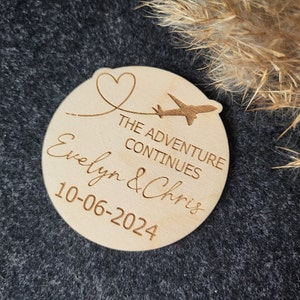 Save the date magnet, The Adventure Continues, Trip invitation, Wedding favor, Wood wedding magnet, Wedding decor, Natural wood