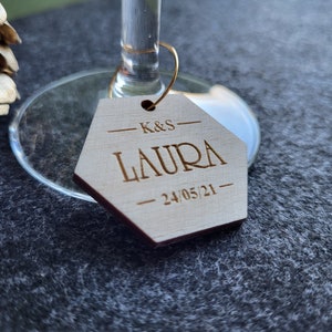 Personalized wine charms, Wedding wine charms, Hexagon wine charm, Couple initials and date, Guest names, Wooden Wine charms, Wedding favor