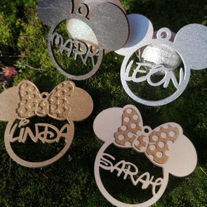 Personalized Christmas decor, Inspired by Disney, Christmas Mickey Minnie, Christmas tree favor, Christmas ornament , Natural wood