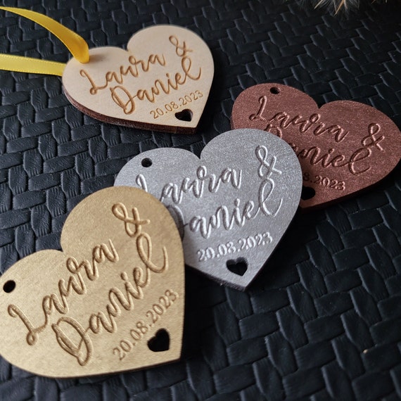 Personalised Engraved Wooden Heart Tags - 4cm Wedding Favours, Table Decorations, Party Gifts