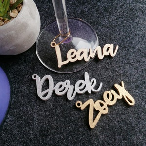 Custom Wedding Wine Glass Charms, Personalized Name Tags, Cocktail Drink Markers, Laser Cut Place Cards, Hanging Drink Name Tags for Glasses
