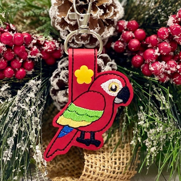Parrot Keychain or Bag Charm, Stocking Stuffer, Embroidered Vinyl Keychain