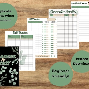 May include: A collection of printable financial planning pages, including a bill tracker, debt tracker, and transaction register. The cover of the planner is black with the words "Finances & Stuff" and botanical illustrations. The pages are designed with a green and white color scheme.