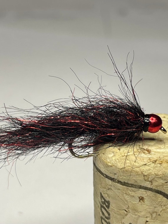 Black n Red Leeches. Size 10. Set of 3. Fly Fishing Flies. Brass Bead Heads.