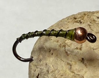 Light Olive n Black  Chironomids Stillwater Fly Fishing Flies Set of Three . Tungsten Beads. Trout / Fishing Flies.Copper Beads