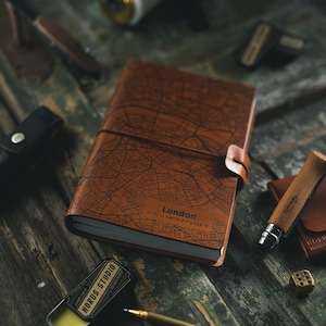 Couverture en cuir pour Bullet Journals, carnet de notes, carte de Londres, idées créatives de cadeaux, journal en cuir fait main, cadeaux personnalisés pour homme/femme