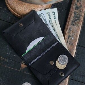 Monedero pequeño, billetera de cuero hecha a mano para hombre, billetera delgada para hombre, cuero negro, regalo personalizado para hombre, regalo para Navidad, para él